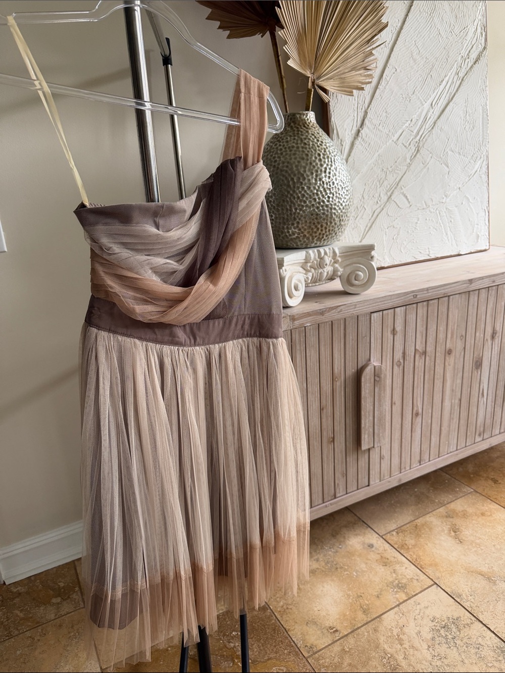 Rye One-Shoulder Tulle Dress in Taupe and Blush